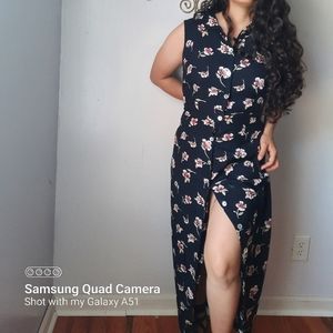 Vintage black floral button-down dress